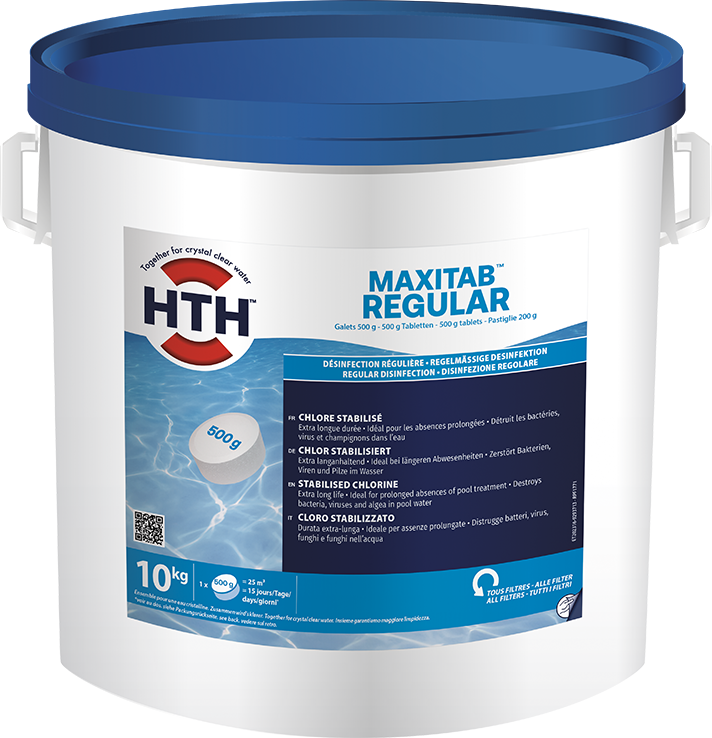 Chlore stabilisé HTH maxitab regular 200 g, 10 kg (galets de 200 g)