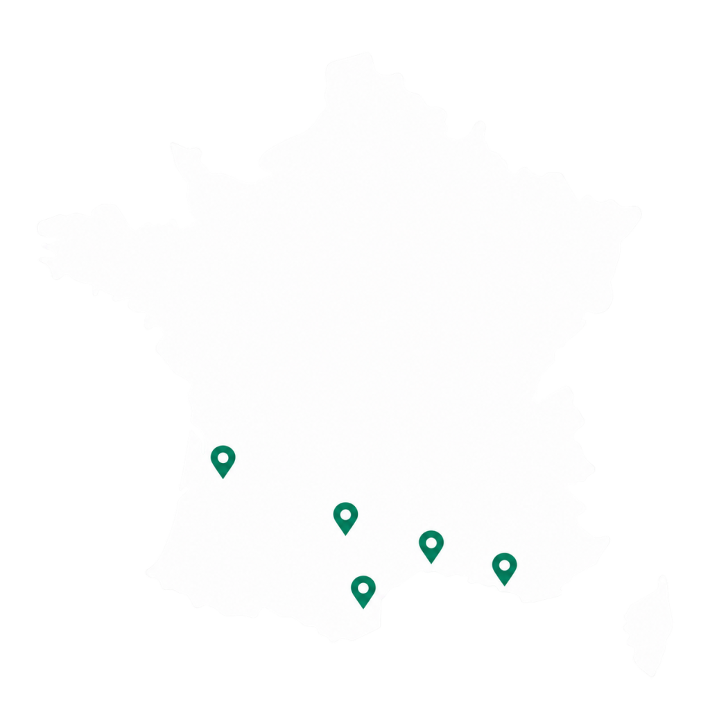 Carte de France situant nos agences : Perpignan, Saint-Jean-de-Védas, Albi, La Ciotat, Mios
