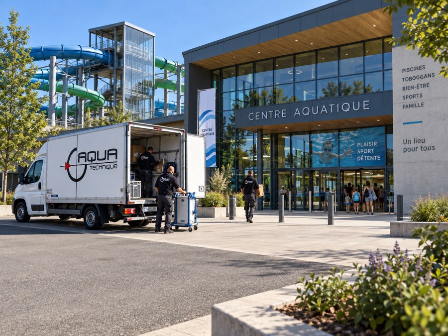 Deux techniciens Aquatechnique déchargent leur camion devant l’entrée d’un centre aquatique