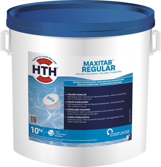 Chlore stabilisé HTH maxitab regular 200 g, 10 kg (galets de 200 g)