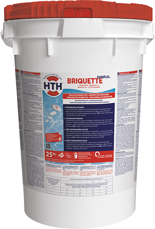 Chlore non stabilisé HTH easiflo briquette 7 g, fût de 25 kg
