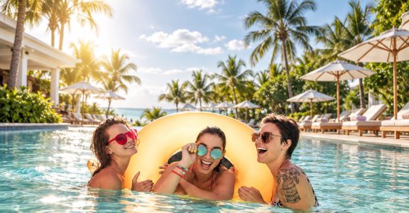 Bassin de loisirs d’un camping, avec ses transats et ses parasols