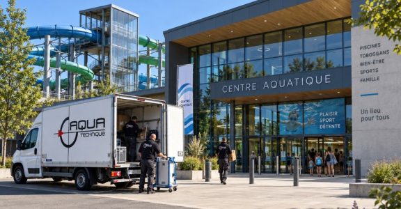 Deux techniciens Aquatechnique déchargent leur camion devant l’entrée d’un centre aquatique