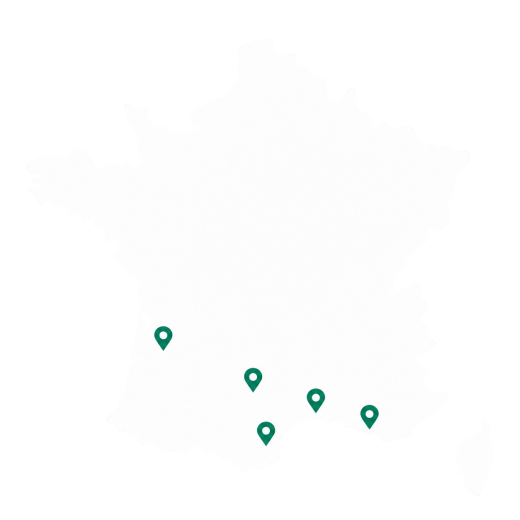 Carte de France situant nos agences : Perpignan, Montpellier, Albi, La Ciotat, Mios